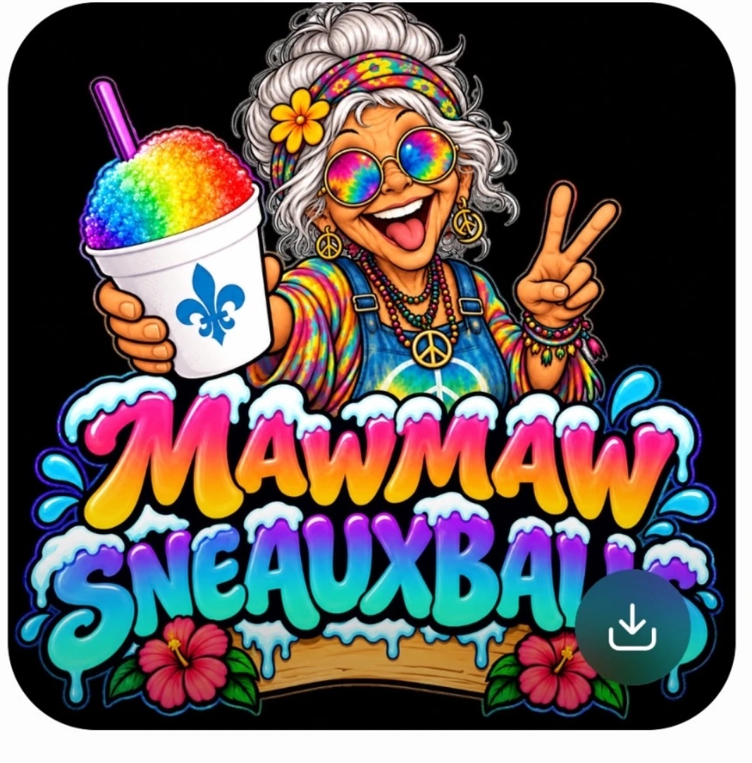 Colorful MawMaw mascot holding a rainbow snowball, with the MawMaw Sneauxballs logo